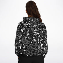 Load image into Gallery viewer, Back view of female model wearing the Dark Elements Hoodie 2.0 with updated design