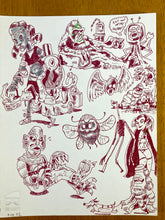 Load image into Gallery viewer, Collection of vintage-style illustrations on a white sheet with red ink.