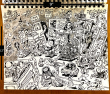 Load image into Gallery viewer, Illustration of a chaotic scene with various characters and objects on a notebook page.