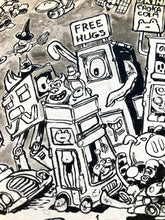 Load image into Gallery viewer, Cartoonish robot with a 'Free Hugs' sign amidst other quirky characters and objects.