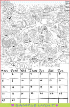 Load image into Gallery viewer, A black and white line art coloring calendar page for the month of JUNE featuring a whimsical doodle illustration and a June calendar grid at the bottom, with a green banner reading 'SAMPLE LAYOUT' at the very bottom.