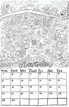 Load image into Gallery viewer, A black and white hand-drawn monthly calendar page for November, featuring a subterranean coffeeshop, densely populated by anthropomorphisized characters like capybaras, bees, chickens, squirrels and more above a printed calendar grid at the bottom