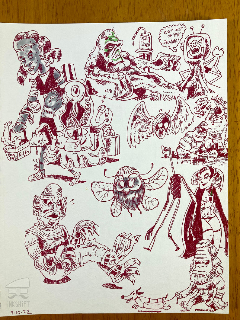 Collection of vintage-style illustrations on a white sheet with red ink.