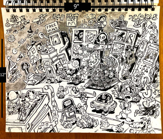 Illustration of a chaotic scene with various characters and objects on a notebook page.