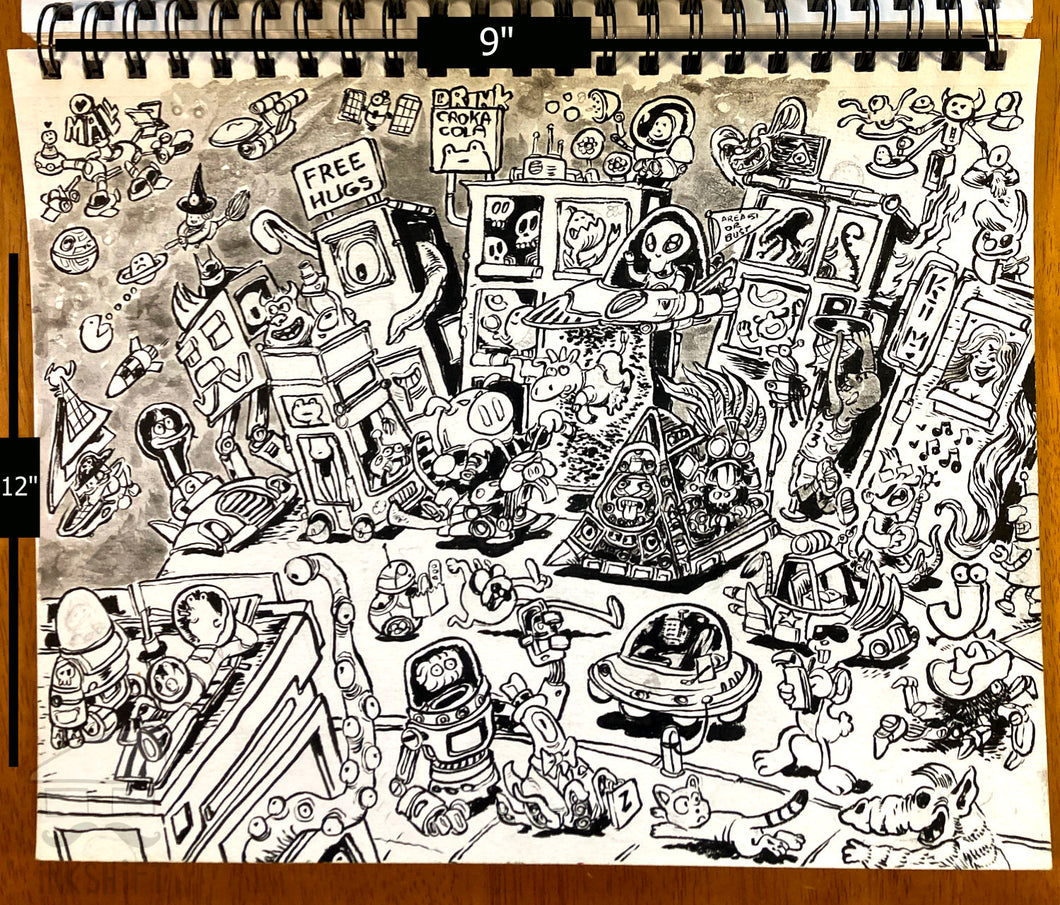 Illustration of a chaotic scene with various characters and objects on a notebook page.