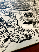 Load image into Gallery viewer, Illustrated robots and space-themed design on a black and white background
