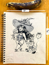 Load image into Gallery viewer, Spiral-bound notebook with a black and white illustration of a woman and child, next to a banana for scale on a wooden surface.
