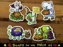 Load image into Gallery viewer, Five cute animal Halloween-themed stickers on a wooden surface with promotional text.
