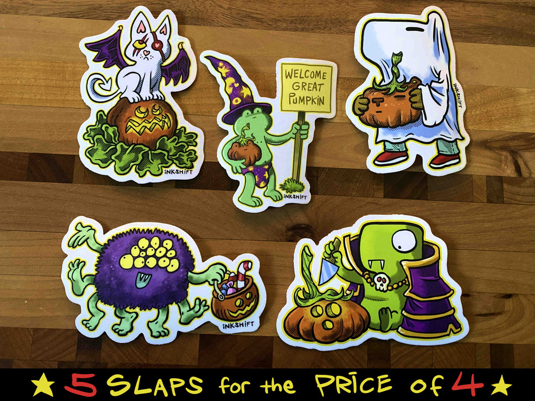 Five cute animal Halloween-themed stickers on a wooden surface with promotional text.
