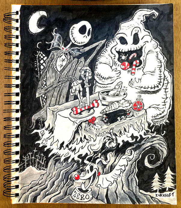 Jack Skellington & Oogie Boogie having lunch with Zero the dog