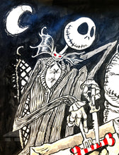 Load image into Gallery viewer, Skeleton character with a red eye and striped candy cane, against a dark background with moon and star.
