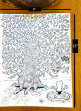 Load image into Gallery viewer, Black and white illustration with Speedo Frog relaxing in the swamp with a decorative tree
