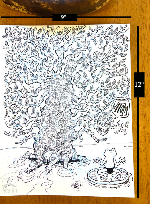 Black and white illustration with Speedo Frog relaxing in the swamp with a decorative tree