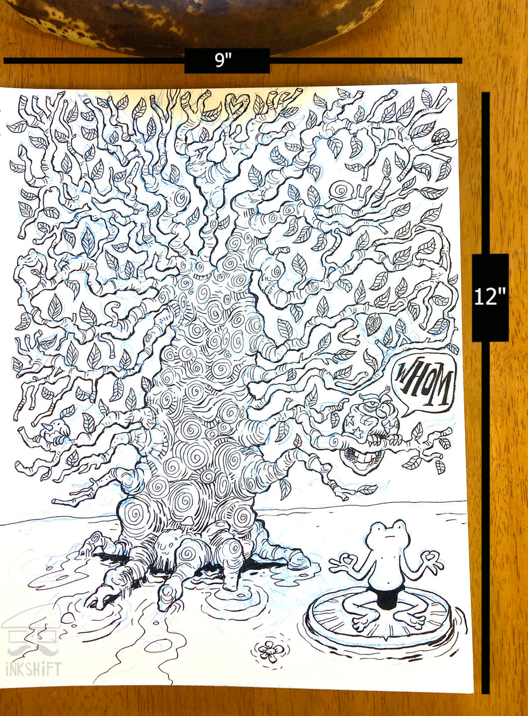 Black and white illustration with Speedo Frog relaxing in the swamp with a decorative tree