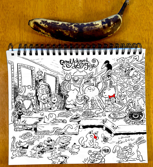 Speedo Frog and his friends enjoy dinner in the style of the last supper. Speedo Mech, JJ and the lovely Kim are even in attendance